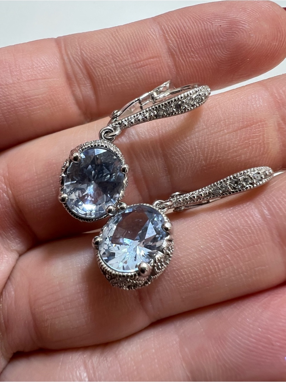 Sterling Silver Round Light Blue Crystals and CZ Drop Earrings